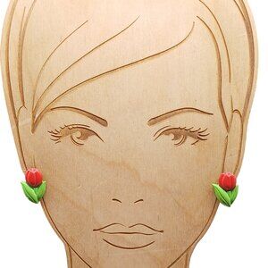 Vintage Red Tulip Stud Earrings with Green Leaves Plastic Retro Style